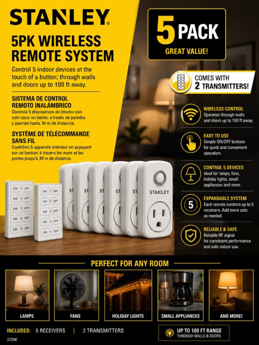 STANLEY Wireless Remote Control Outlet Plugs with 2 remotes and 5 sockets Indoor